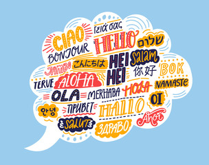 hello in different languages. speech bubble cloud with handwritten words. french bonjur, spanish hol