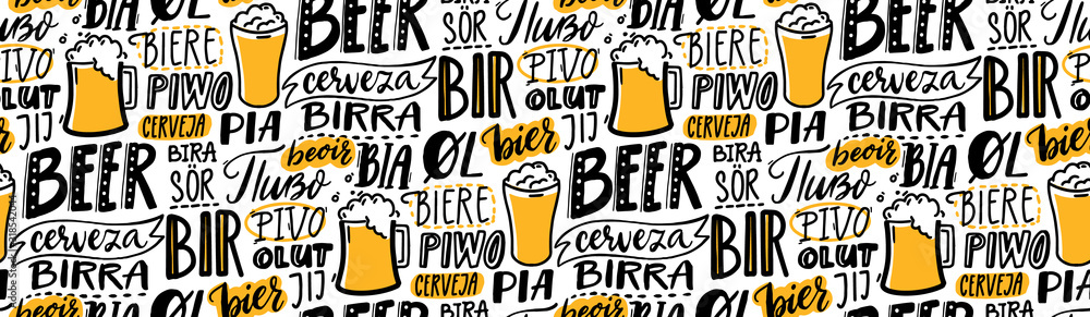 Beer text pattern. Word beer in different languages. Italian birra, spanish cerveza, macedonian pivo, german bier. Hand lettering seamless texture for pubs, menu and placemats. - obrazy, fototapety, plakaty 