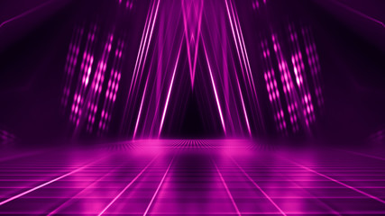 Abstract dark background with purple neon glow. Neon luminous figure in the center of the stage. Light lines on a dark background, smoke, smog