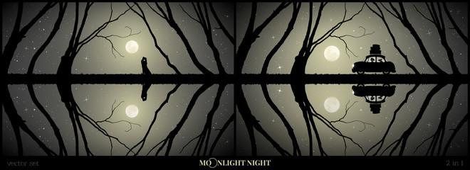 Sticker - Set of vector illustration with silhouette of loving couple on moonlit night. Lovers among trees. Retro car on lake road reflected in water. Full moon in starry sky