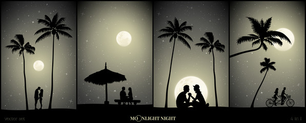 Sticker - Set of vector illustration with silhouettes of lovers on beach on moonlit night. People on sand under palm trees. Couple under straw umbrella. Family on bike tandem. Full moon in starry sky