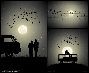 Sticker - Set of vector illustration with silhouettes of people and flying birds on moonlit night. Old lovers near retro car. Birds on wires. Couple on roof of camper. Full moon in starry sky
