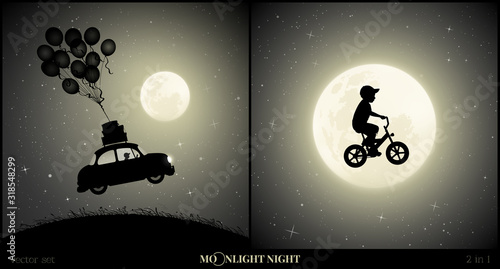 Dekoracja na wymiar  zestaw-ilustracji-wektorowych-z-sylwetka-chlopca-na-rowerze-w-niebo-w-ksiezycowa-noc-retro