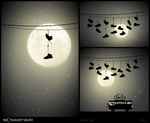 Poster - set of vector illustration with silhouettes of old shoes hanging on power lines on moonlit night. sn