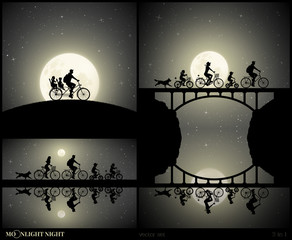 Sticker - set of vector illustration with silhouettes of cyclists and running dog on moonlit night. father wit