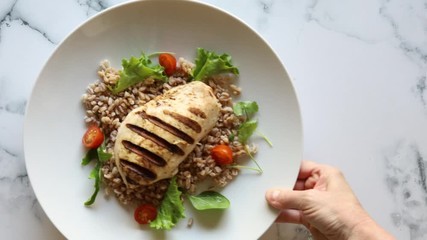 Poster - Grilled Chicken Salad and Wholegrain Salad on a Marble Background with room for Copy