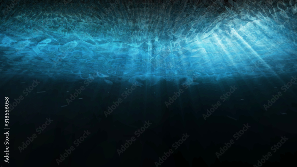 Deep blue underwater with sunlight rays shining through ocean surface ...