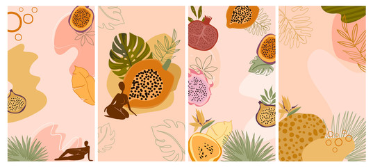 Wall Mural - Set of various abstract vertical background for mobile app and social media content with fruit, abstract shape and female body silhouette in minimalistic style. Vector illustration