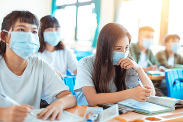 Students wearing  protection mask to prevent germ, virus and PM 2.5 micron in classroom