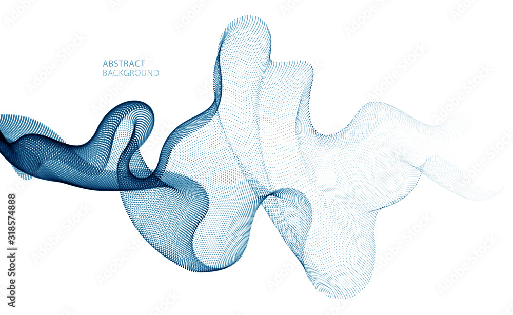 Flowing particles wave, dynamic sound motion curve lines. 3d vector illustration. Beautiful wave shaped array of blended points. - obrazy, fototapety, plakaty 