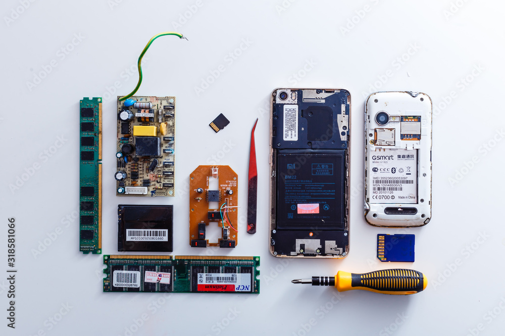 Top view of smartphone components isolate on white background with ...