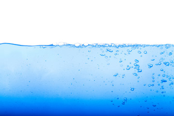 Level water and air bubbles over white background