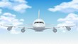 Flight plane. Realistic 3D airplane flying in blue sky. White cargo aircraft or commercial airliner and clouds vector background. Illustration plane flight in air, aircraft and airplane travel