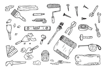 House repair tools vector set. Home improvement icons. Hand Drawn Doodle Tools. Housework.