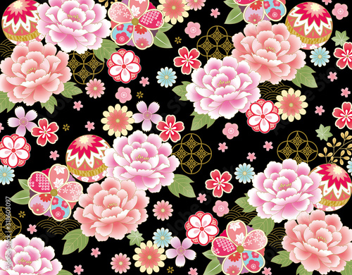 ピンクの牡丹の豪華な着物柄背景黒 Stock Vector Adobe Stock ピンクの牡丹の豪華な着物柄背景黒 Stock Vector Adobe Stock