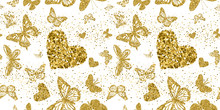 Gold Glittering Butterflies And Hearts With Gold Confetti Seamless Pattern On White Background. For Valentines Day, Wedding Invitations, Cards, Branding, Banner, Concept Design. Vector Illustration.