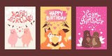 Fototapeta Pokój dzieciecy - Happy birthday greeting card template, vector illustration. Cute animals romantic couple on valentine day. Happy pigs, foxes in love, adorable bears together. Birthday present, lovely valentine card