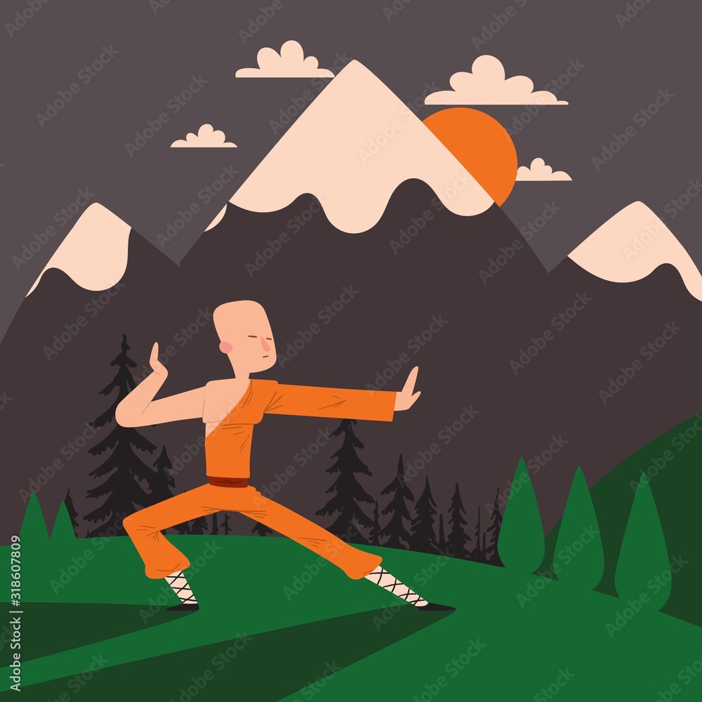 Shaolin monk kung fu master, vector illustration. Traditional oriental ...