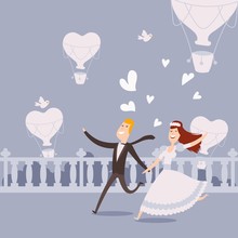 Happy Newlywed Couple Running, Vector Illustration. Flat Style Cartoon Characters, Bride In Dress And Groom In Suit. Just Married Man And Woman Run Away From Wedding Ceremony. Romantic Couple In Love
