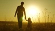child holds father's hand. dad and baby are resting in park. child plays with his father. little daughter and dad walk around field holding hands. family walks in evening out of town.