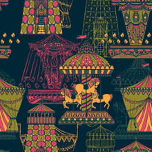 Seamless Pattern With Carousel And Tent. Funfair Theme. Vintage Hand Drawn Vector Illustration