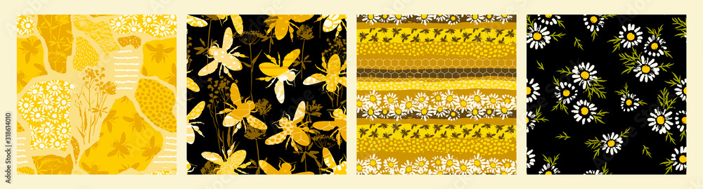 Seamless patterns with bee. Trendy hand drawn textures. - obrazy, fototapety, plakaty 