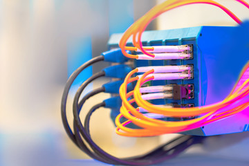 Network hardware. Opto fiber cable. Switch with connected males. Network switch. Modern electronic equipment. System Administrator. WEB equipment setup. Local area network at the enterprise.