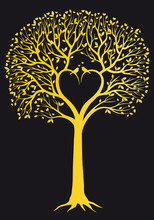 Gold Heart Shaped Wedding Tree, Vector Illustration