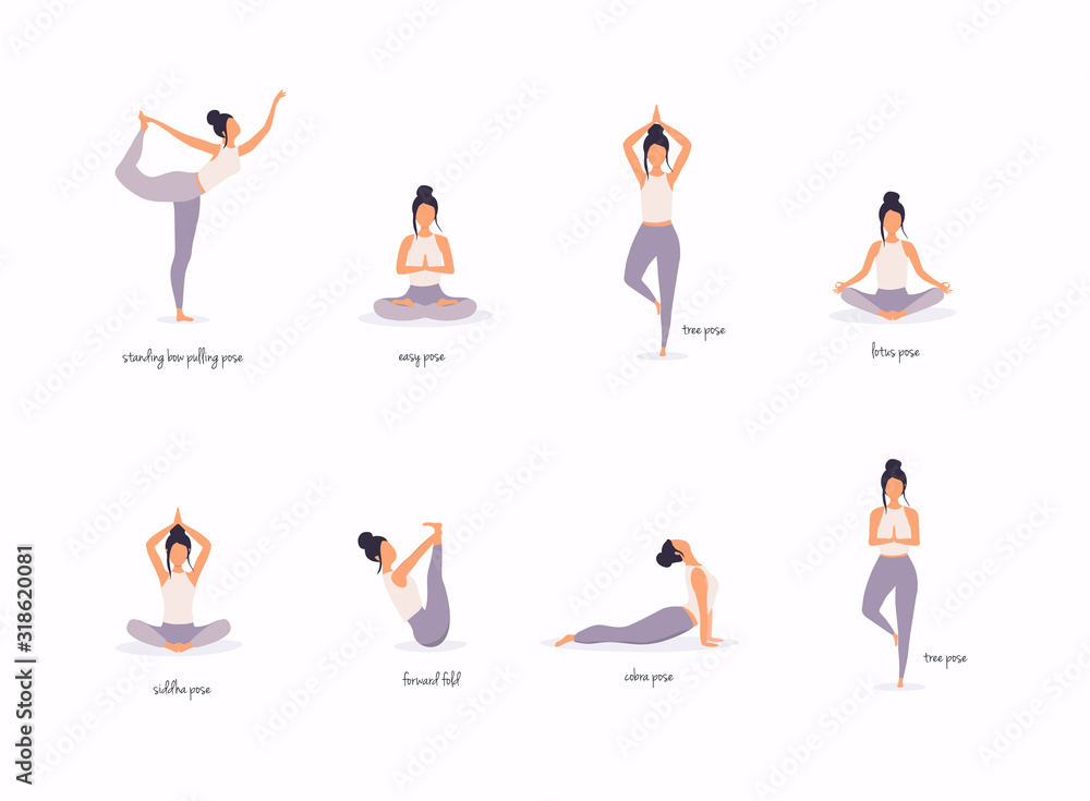Woman in various poses of yoga. Shapes of woman doing yoga fitness workout. Set of yoga positions. - obrazy, fototapety, plakaty 