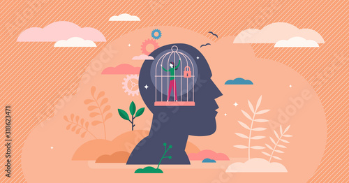 Photographie Mind prison psychological concept, flat tiny person vector illustration