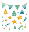 © Lena May - Watercolor Happy birthday set. Hand drawn vintage celebration objects: stars, candies, flags garland, ribbons. Decorations isolated on white background