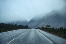 Scenic Road Trip With Rocky Mountain In Gloomy Day At Banff National Park