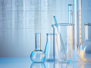 Wall Mural - microscope with lab glassware, science laboratory research and development concept