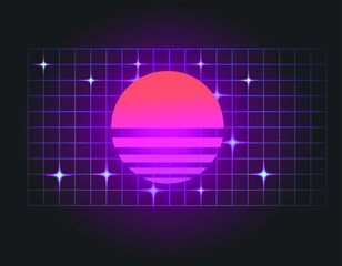 Aufkleber - Retrofuturistic landscape with laser grid and neon sun. Vaporwave and retrowave style background.