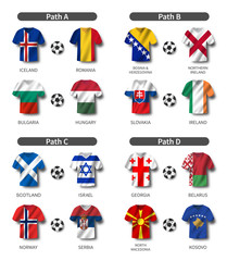 Aufkleber - European soccer play-off draw 2020 . Group of international teams . Football jersey with waving country flag pattern . White theme background . Vector .