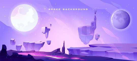 Wall Mural - space background with landscape of alien planet with craters and lighted crack. vector cartoon fanta