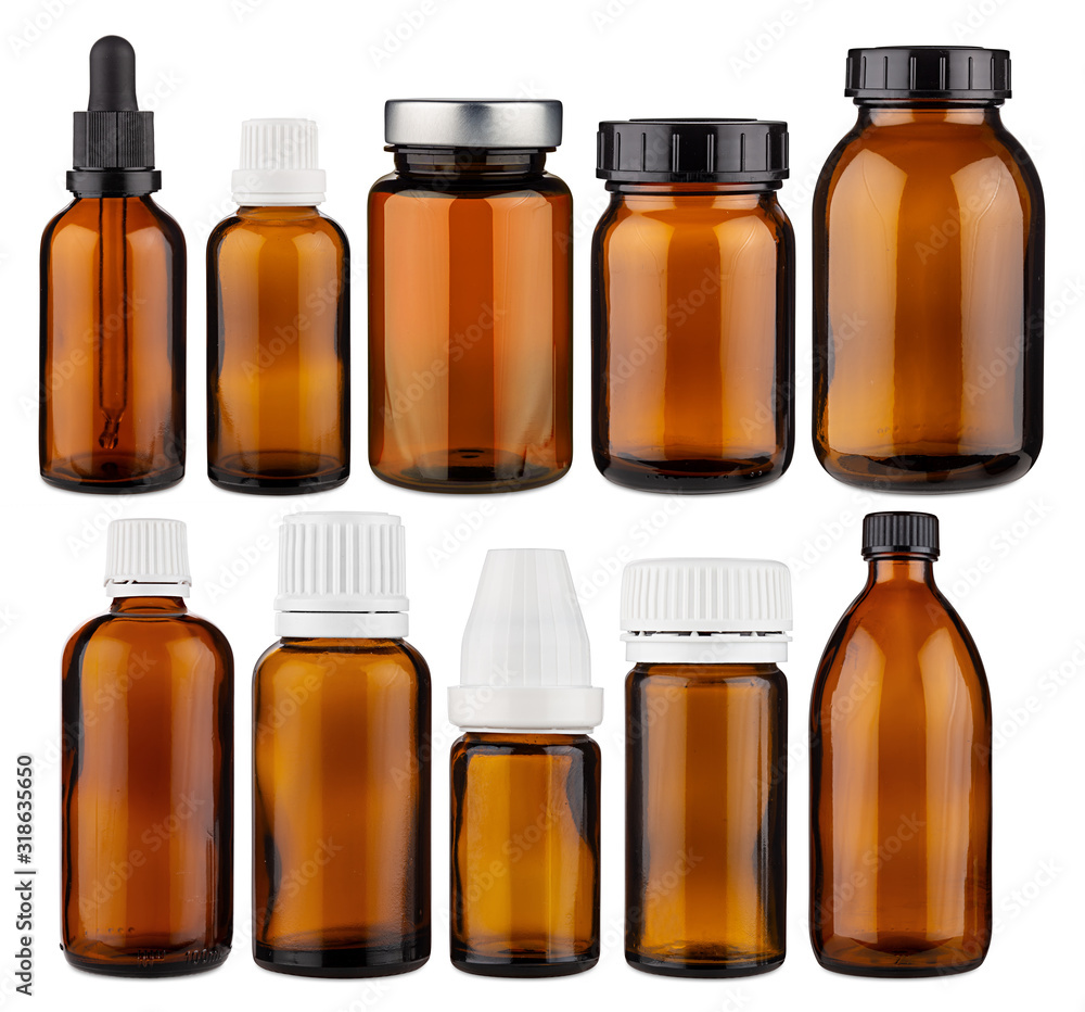 Set collection row of various brown medicine pill glass pipette dropper bottle blank without copyspace label design pattern isolated white panorama background - obrazy, fototapety, plakaty 