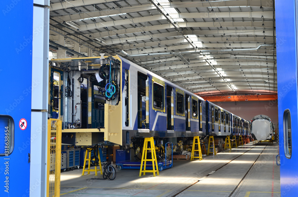 Process Building Train Inside of the rail car assembly plant. Industrial workshop for the ...