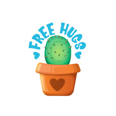 Wall Mural - Free hugs text and cartoon green cactus in pot white on violet background. funny houseplant icon with quote or slogan for print on tee. International free hugs day concept