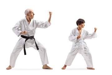 Canvas Print - Boy and a senior man in kimonos practicing karate