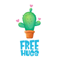 Wall Mural - Free hugs text and cartoon green cactus in pot white on violet background. funny houseplant icon with quote or slogan for print on tee. International free hugs day concept