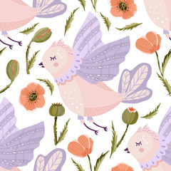 Wall Mural - Provence seamless vector cute bird pattern with wild poppy flower in a flat style. Floral fabric animal, summer illustration on a white background.