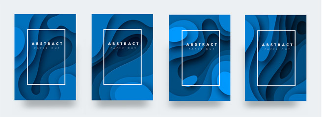 Wall Mural - vertical a4 blue banners with 3d abstract background with blue paper cut waves. contrast colors. vec