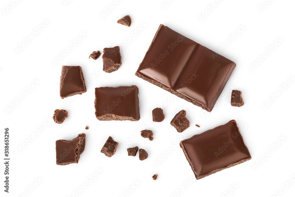 piece of chocolate isolated on white background with clipping path. . Top view. Flat lay. - obrazy, fototapety, plakaty 
