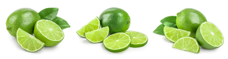 Wall Mural - lime with half and leaf isolated on white background. Set or collection