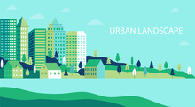 Town Landscape Panorama. Urban Industry Illustration. Simple Flat City Landscape With Nature Plant. Banner With Countryside. Cityscape Background. Design Simple City Pattern. Vector Illustration.