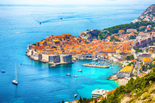 Aerial Panoramic View Of The Old Town Of Dubrovnik  On A Sunny Day