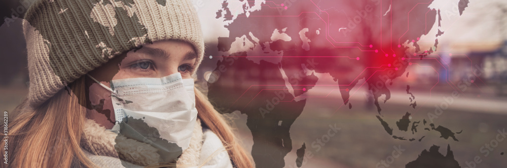 MERS-CoV Chinese infection Corona Virus masked girl on the background of the city in smog, the concept of the epidemic of the virus in China - obrazy, fototapety, plakaty 