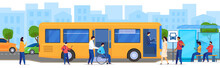 People At Bus Stop, Disabled Passenger In Wheelchair, Vector Illustration