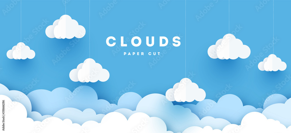 Vector paper clouds.White Cloud on blue sky paper cut design. Vector paper art illustration. Paper cut style. Place for text. - obrazy, fototapety, plakaty 